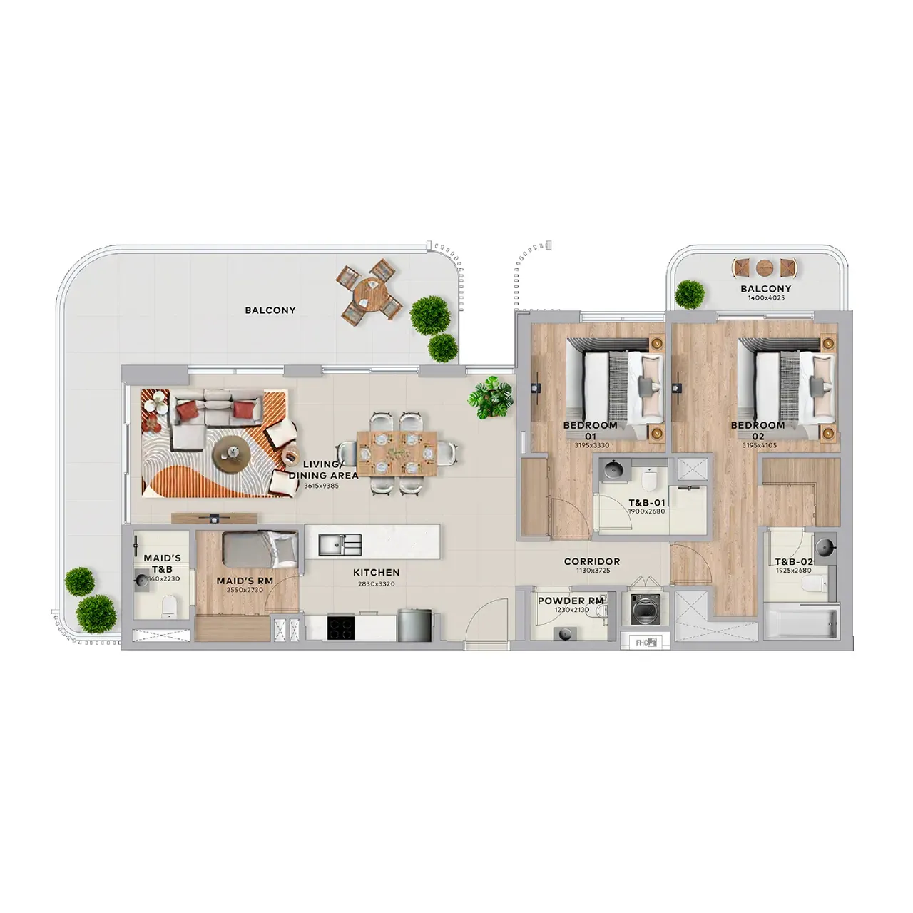 Apartments 2 Bedrooms + Maid room