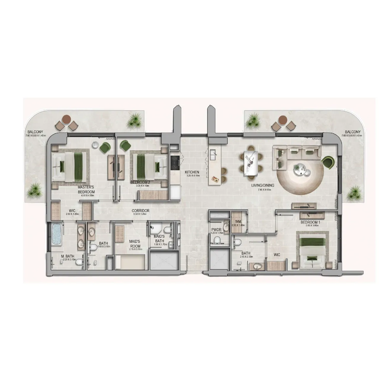 2 Bedrooms + Maid room